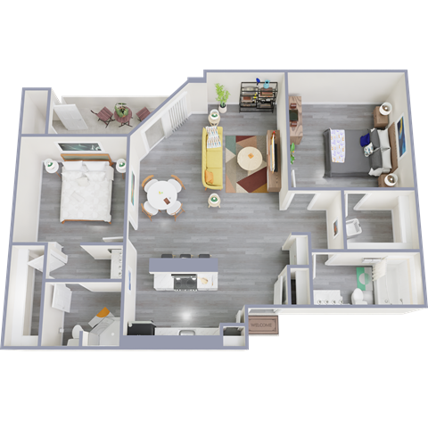 Floor plan for 2 beds, 2 baths, 1039 sqft